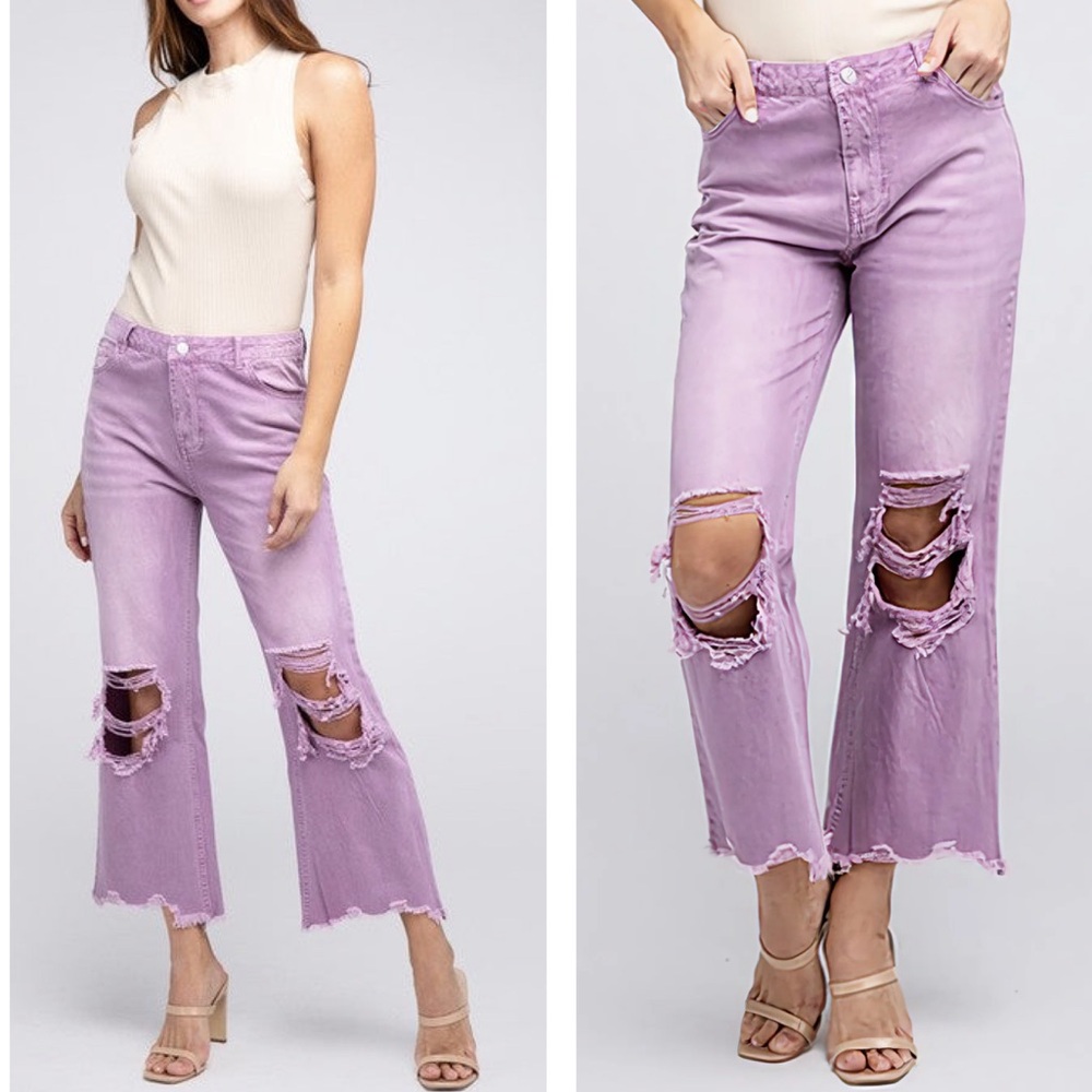 PLUS Lucky & Blessed NWT Lavender Purple Distressed High Rise Wide Leg Crop 14